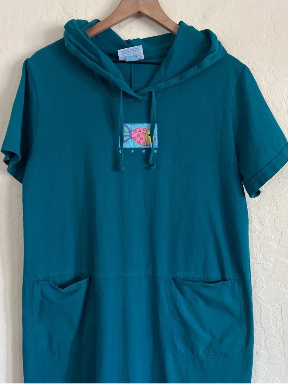 Vintage 90s Fresh Produce Hooded T-Shirt Maxi Dress Medium Teal Fish Graphic